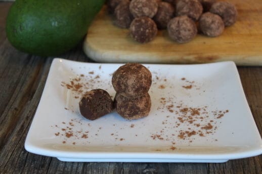 Avocado, sweetener, cocoa powder and pea protein powder all come together to form these delicious protein bites. Allergy friendly and only 45 calories per bite! #Avocado #protein #bites #chocolate #allergy friendly #nut free #dairy free #egg free #lactose free