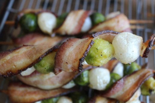 Easy and delicious, this recipe comes together with only 3 ingredients and 5 minutes of time. Simply skewere onions alternating with brussel sprouts and then wrap the entire skewer in bacon. Whole30, low carb and delicious!