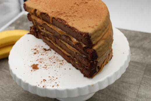 This paleo, gluten free chocolate almond banana cake is to die for. Super moist and dense, this combination of flavours is irrestible. Easy to make with simple ingredients such as almond flour, coconut flour, eggs, almond butter, cocoa powder and bananas.