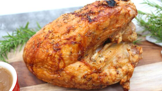 This moist and tender bone-in turkey breast is ready in under 1 hour. Simple and delish, the air fryer cooks this turkey breast and produces a crispy outside with a moist and tender inside.