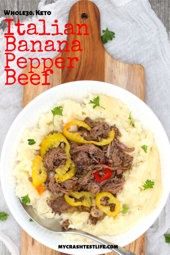 Italian beef with banana peppers over mashed cauliflower