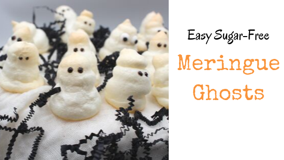 These sugar-free meringue ghosts are easy to make and low in calories and carbs. Gluten-free, top this meringue ghosts on your next Halloween cupcake or cake.