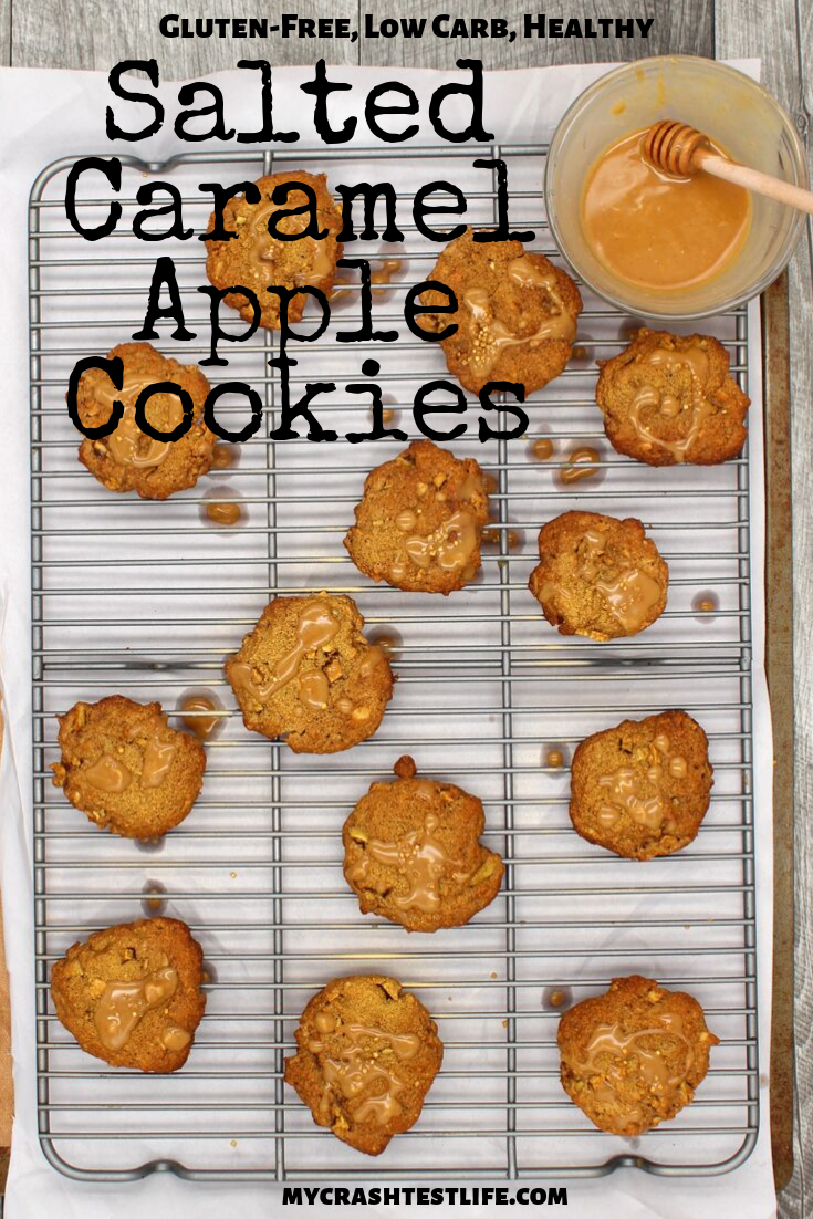 These Salted Caramel Apple Cookies are really easy to make and taste just like a caramel apple without all the mess.  Simple ingredients such as almonds, apple and a sweet butter caramel drizzle make these cookies the perfect fall treat!