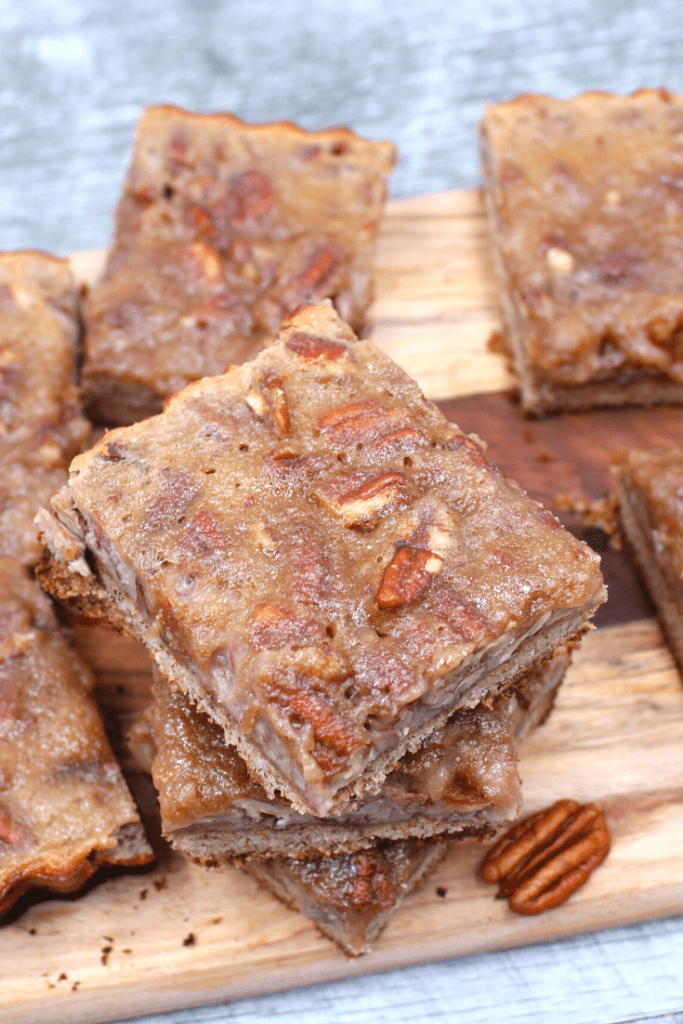 close up of maple pecan pie bars