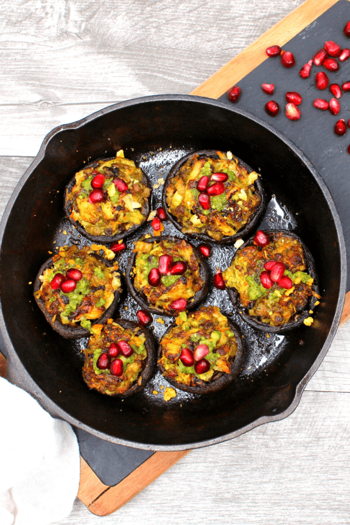 Stuffed mushrooms in a skillet