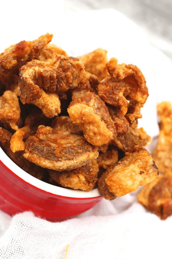 Bowl filled with pork cracklings