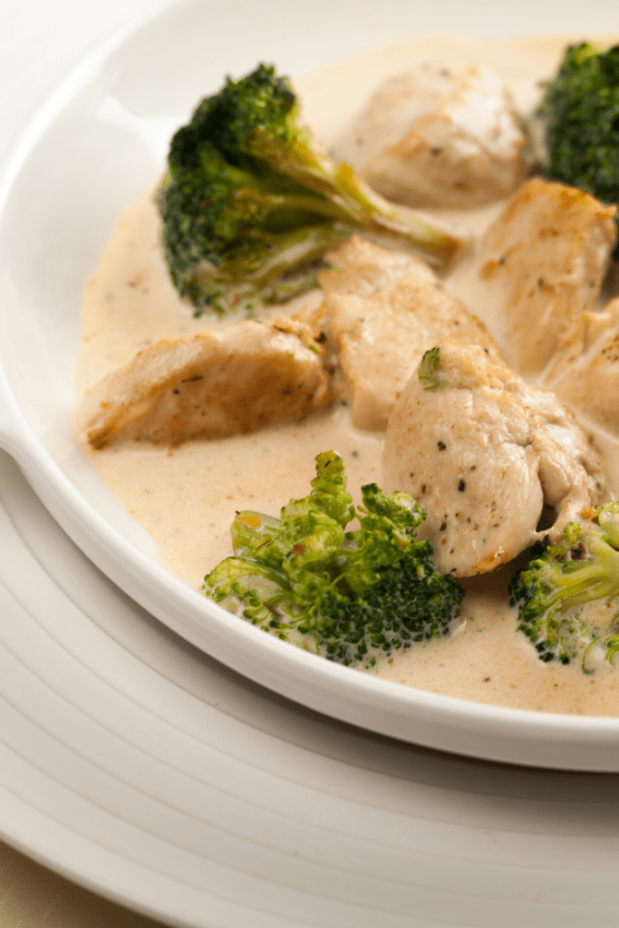 Chicken and broccoli in a cauliflower garlic cream sauce