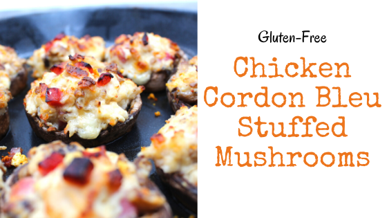Chicken cordon bleu stuffed mushrooms in a skillet