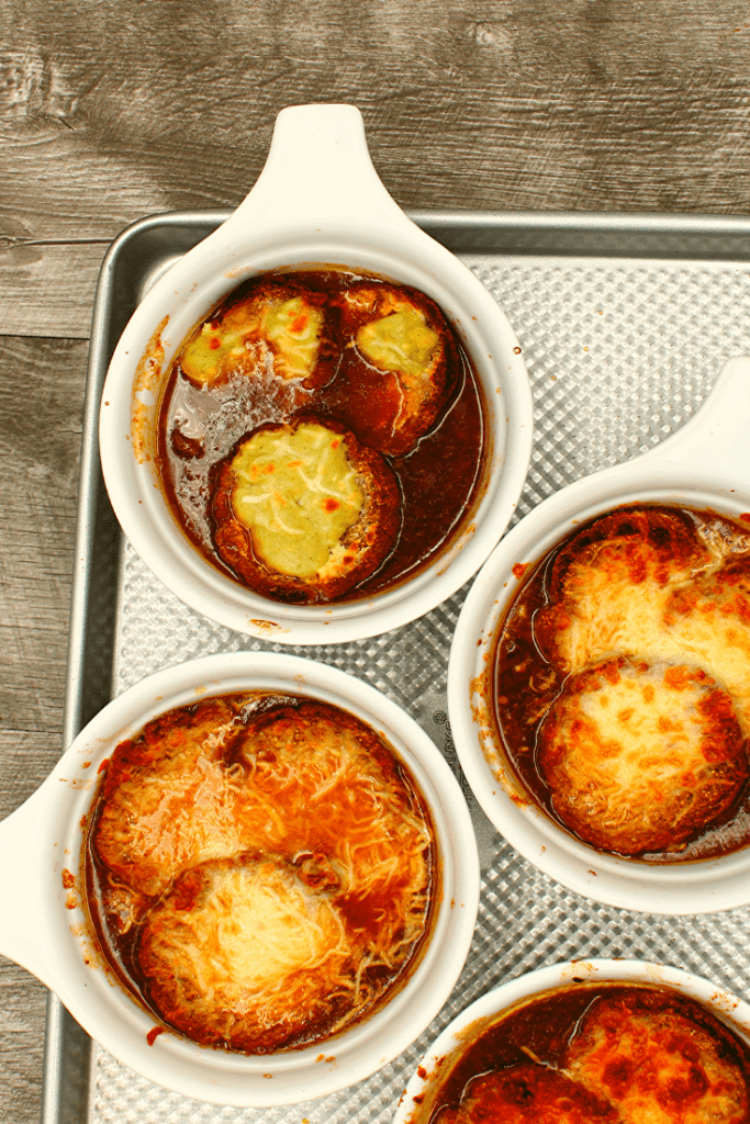 Garlic cream sauce over french onion soup
