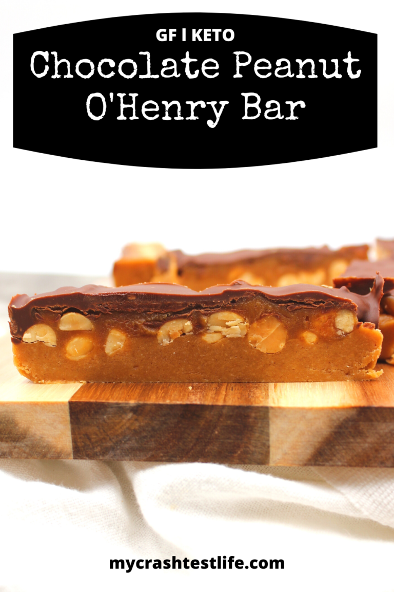 A slice of a copy cat O'Henry bar with nougat, caramel and chocolate.