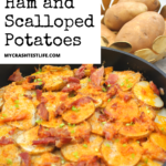 A skillet filled with leftover ham and potatoes in a Whole30 and Paleo sauce.