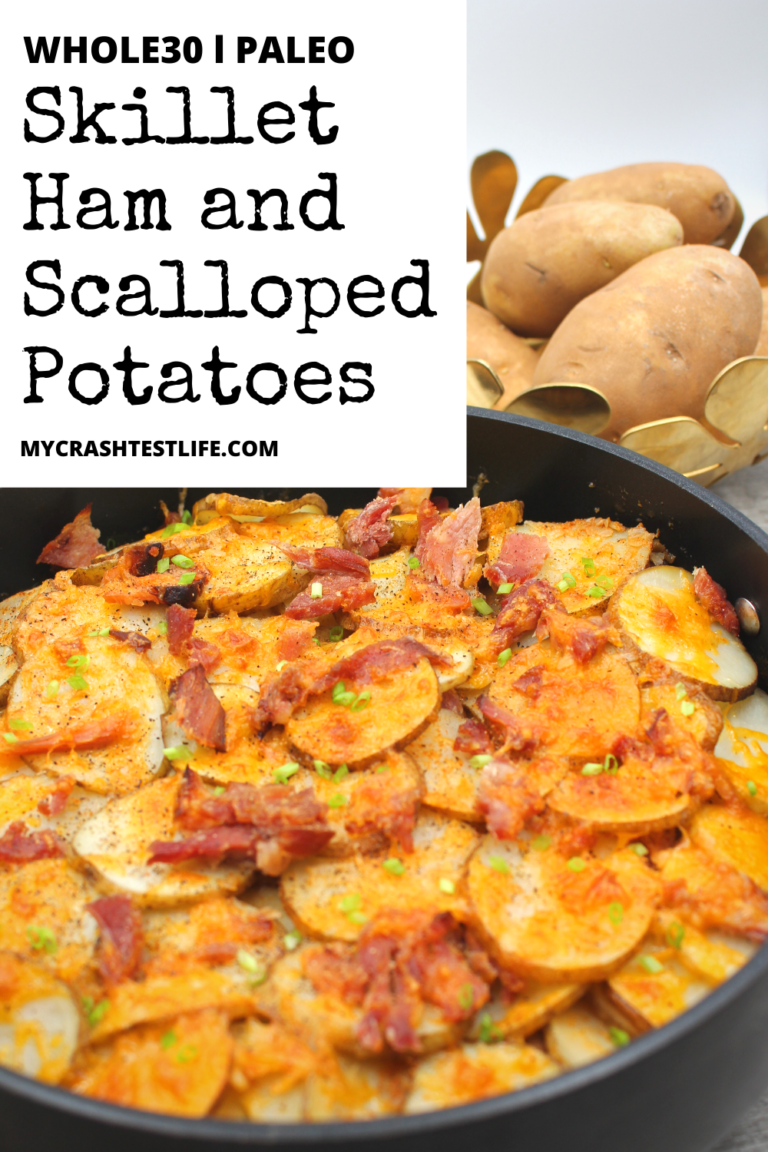 A skillet filled with leftover ham and potatoes in a Whole30 and Paleo sauce.