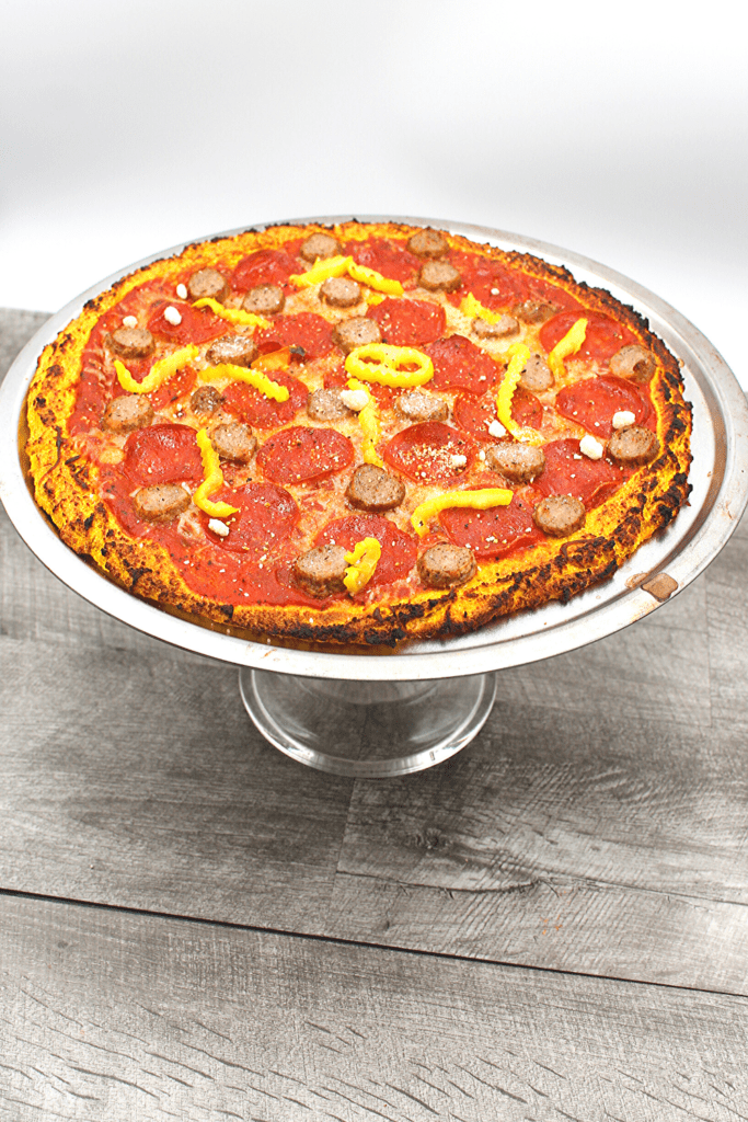 A butternut squash pizza crust loaded with Mr. Grumbles favourite toppings.