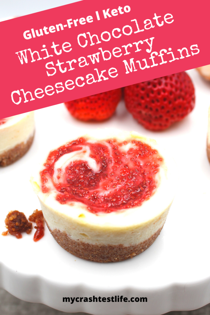 A platter filled with keto and gluten-free white chocolate cheesecake muffins.