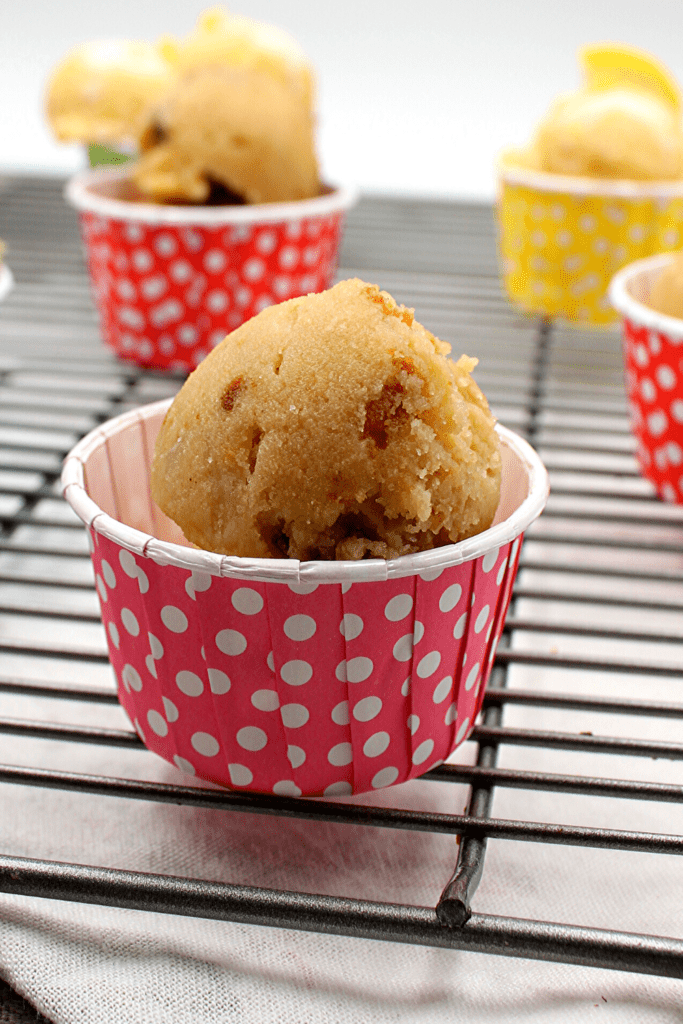 Crunchy bits of gluten-free shortbread cookie stirred into an edible keto shortbread cookie dough.