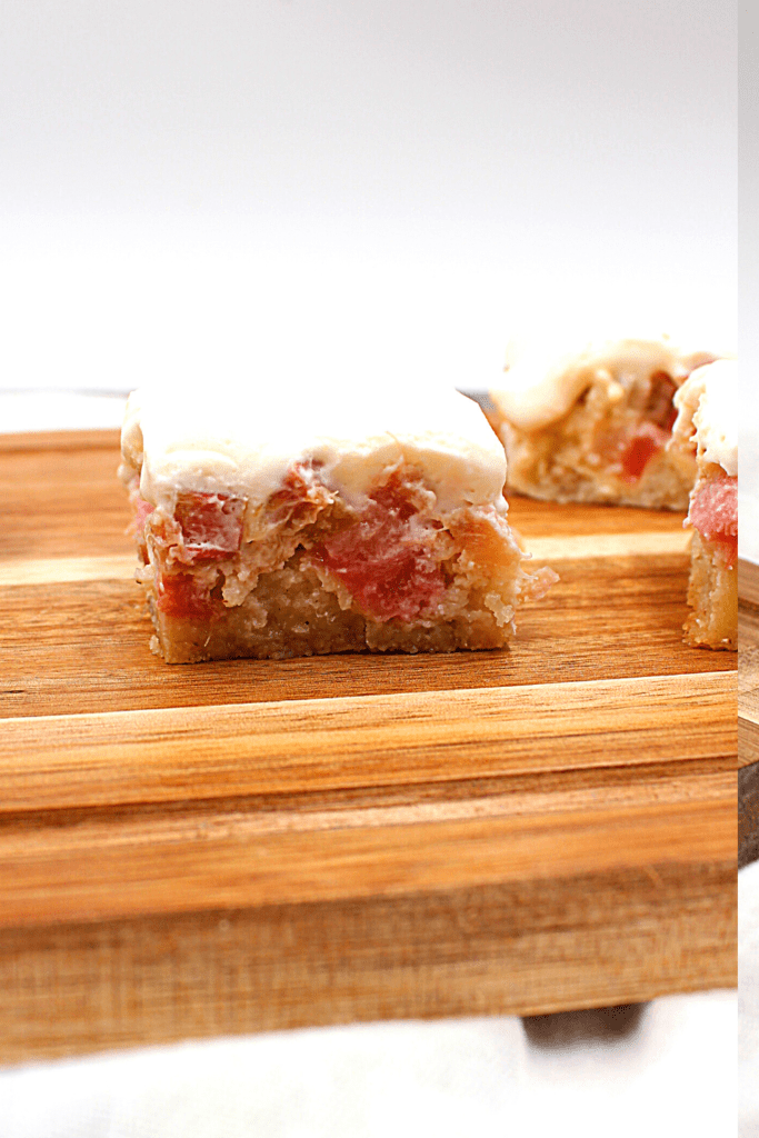 Crunchy keto shortbread layered with sweet rhubarb and keto whipped cream