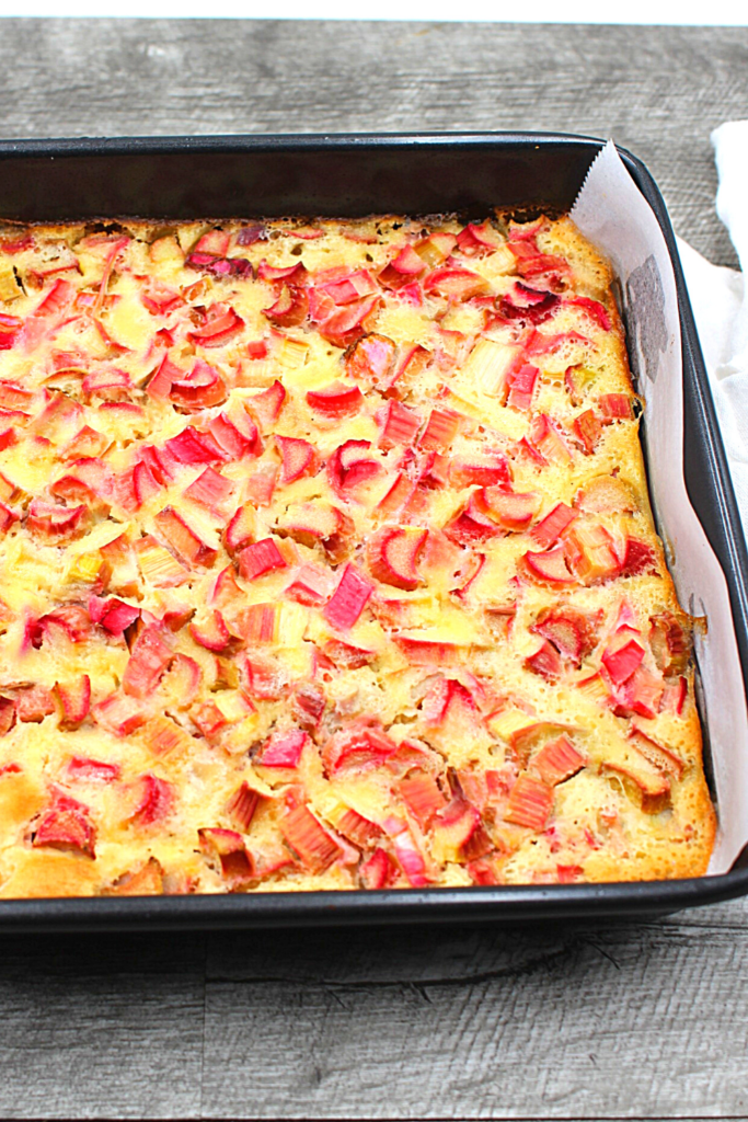 Chunks of rhubarb on a shortbread crust
