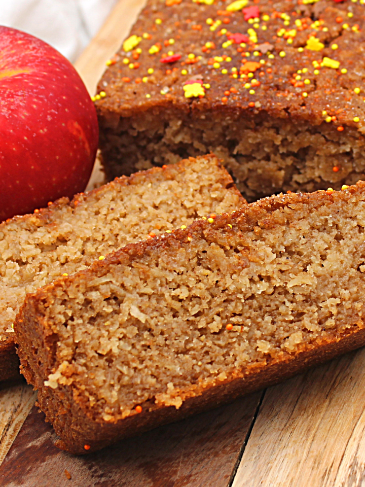 A slice from a gluten-free fall bread recipe that uses leftover apple cider