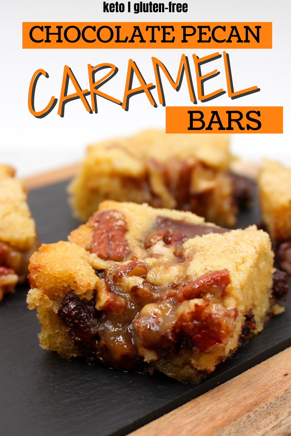 gooey caramel with chocolate and pecans made into bars