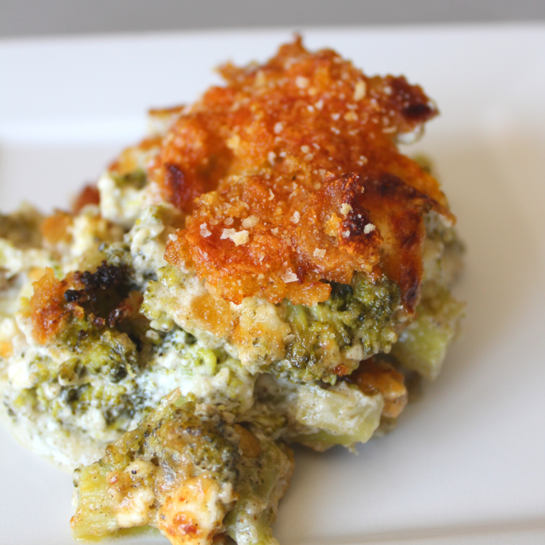 a serving of cheesy broccoli casserole that is low carb and keto friendly