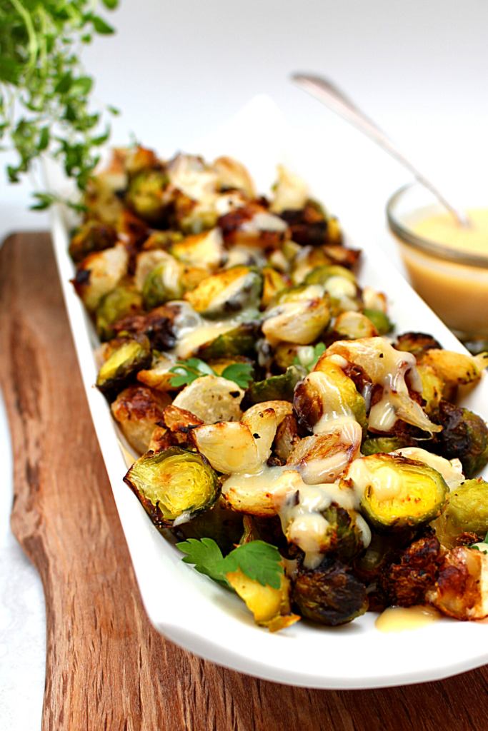 perfectly roasted brussels sprouts in an air fryer