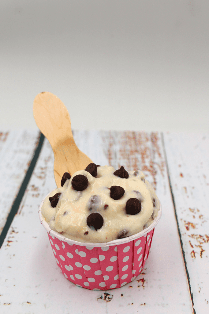 chocolate chips stirred into cannoli tasting dip