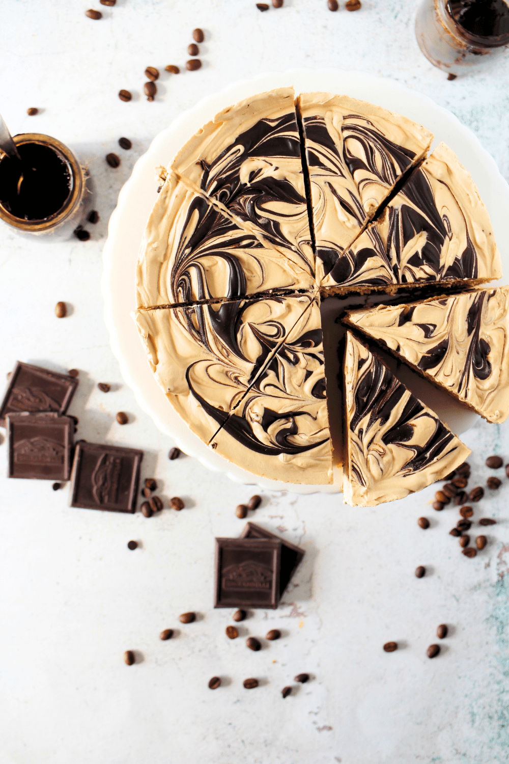 keto coffee ice cream cake picture from the top with sugar-free chocolate scattered throughout