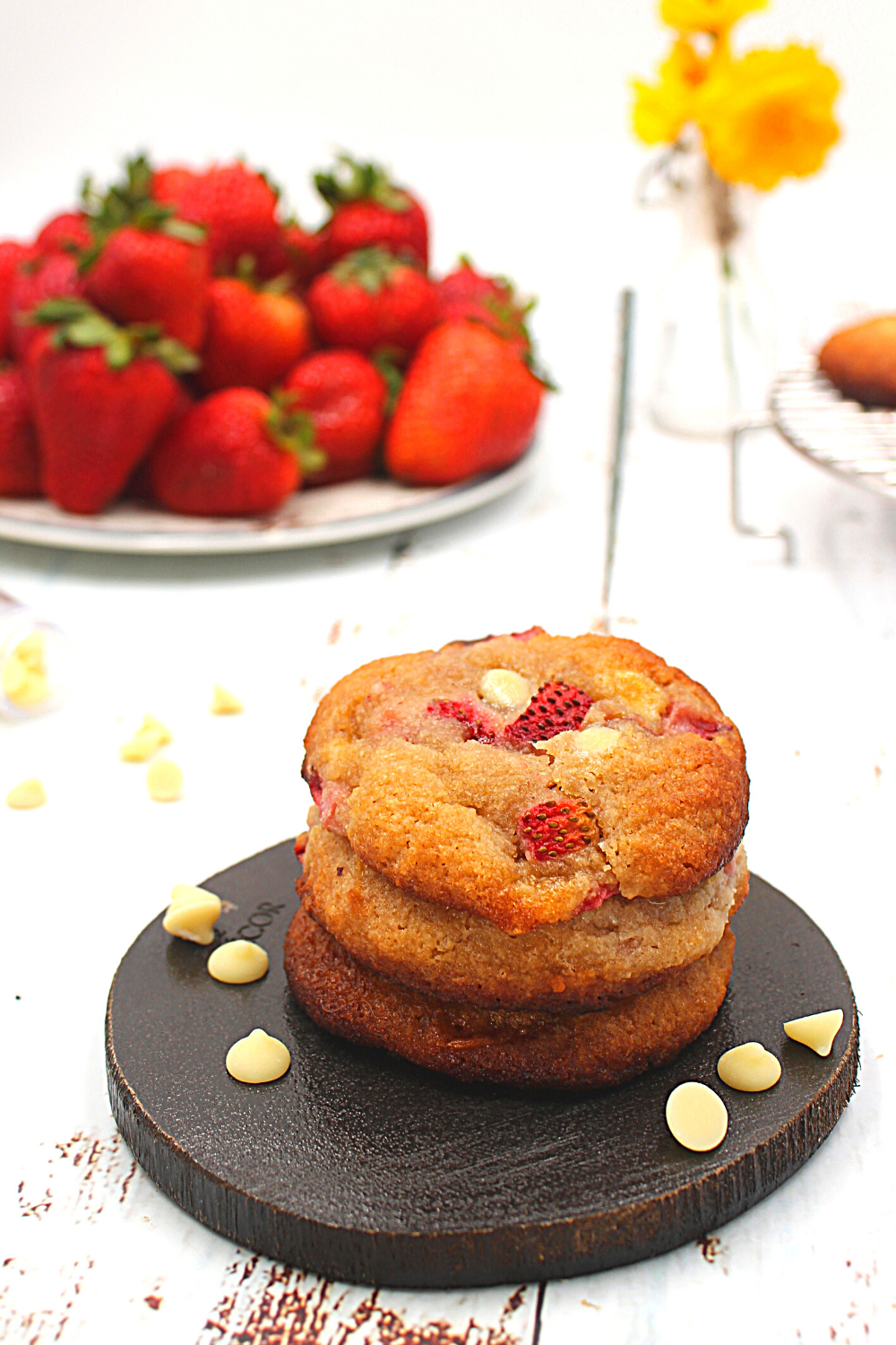 white chocolate strawberry sugar-free cookies stacked on top of each other