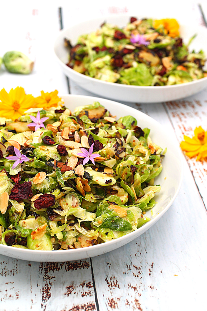 a bowl of roasted Brussels sprout salad