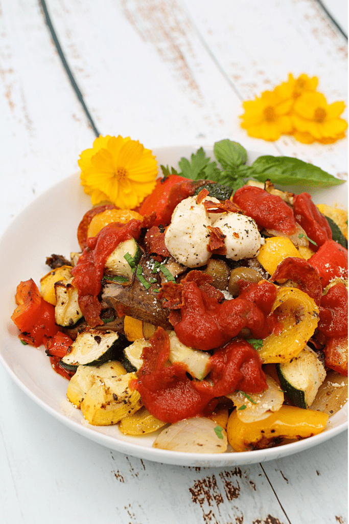 roasted summer vegetable salad with crispy pepperoni