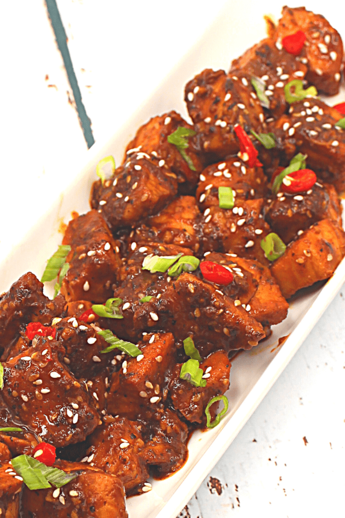 chunks of salmon in gluten-free teriyaki sauce