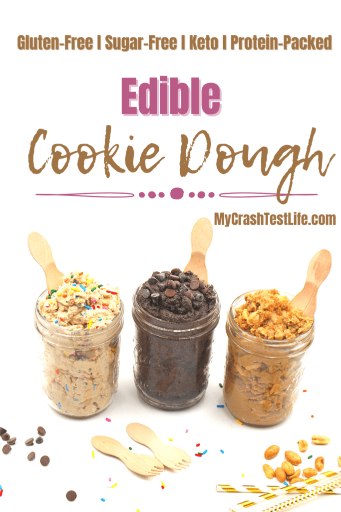 brownie, peanut butter and funfetti edible sugar-free cookie dough in jars