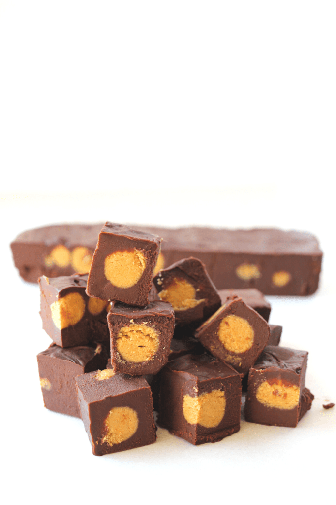 peanut butter bites in chocolate fudge
