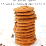 keto crsipy thin chocolate chip cookies stacked