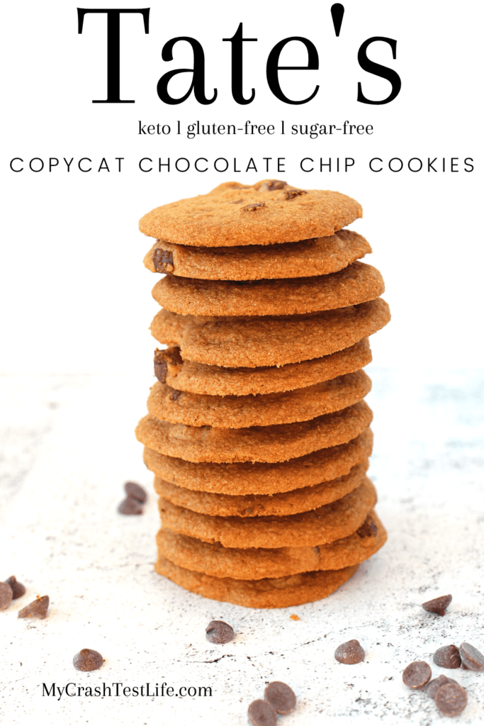 keto crsipy thin chocolate chip cookies stacked