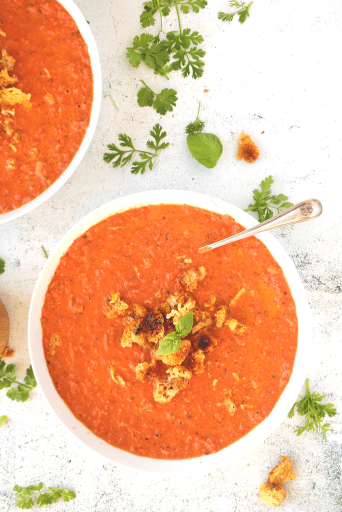 garlic pork rind croutons on top of keto tomato soup