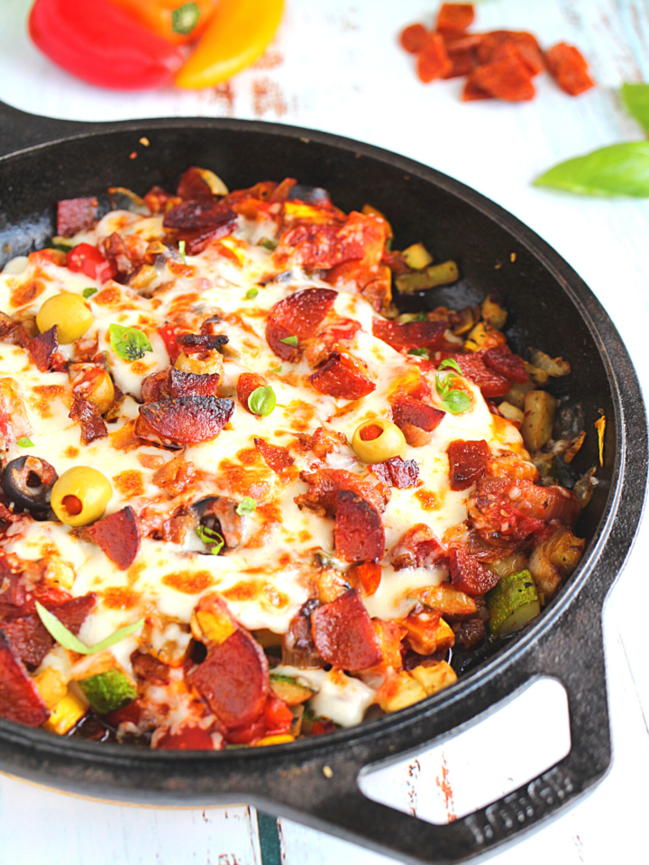 easy keto pizza bowl made in a skillet