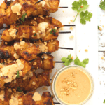 keto pork satay skewers on a plate with sugar-free peanut dipping sauce