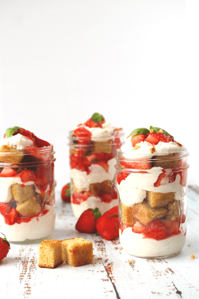 easy keto strawberry shortcake layered in mason jars