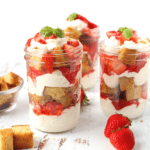 Homemade sugar-free whipping cream with strawberries and gluten-free sponge cake