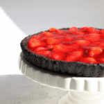Keto chocolate pie crust filled with strawberry filling
