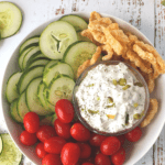 Keto dill pickle dip served with veggies