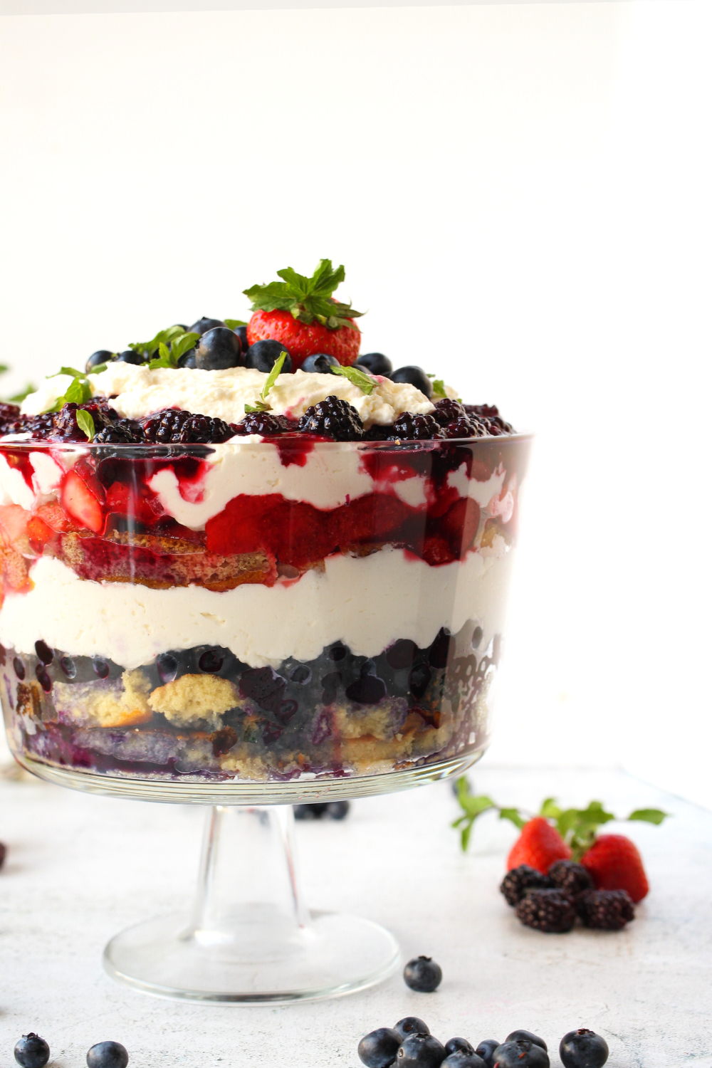 sugar-free trifle in a bowl with layers of fruit and sponge cake