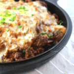 keto bacon mushroom swiss burger casserole that is all made using 1 skillet