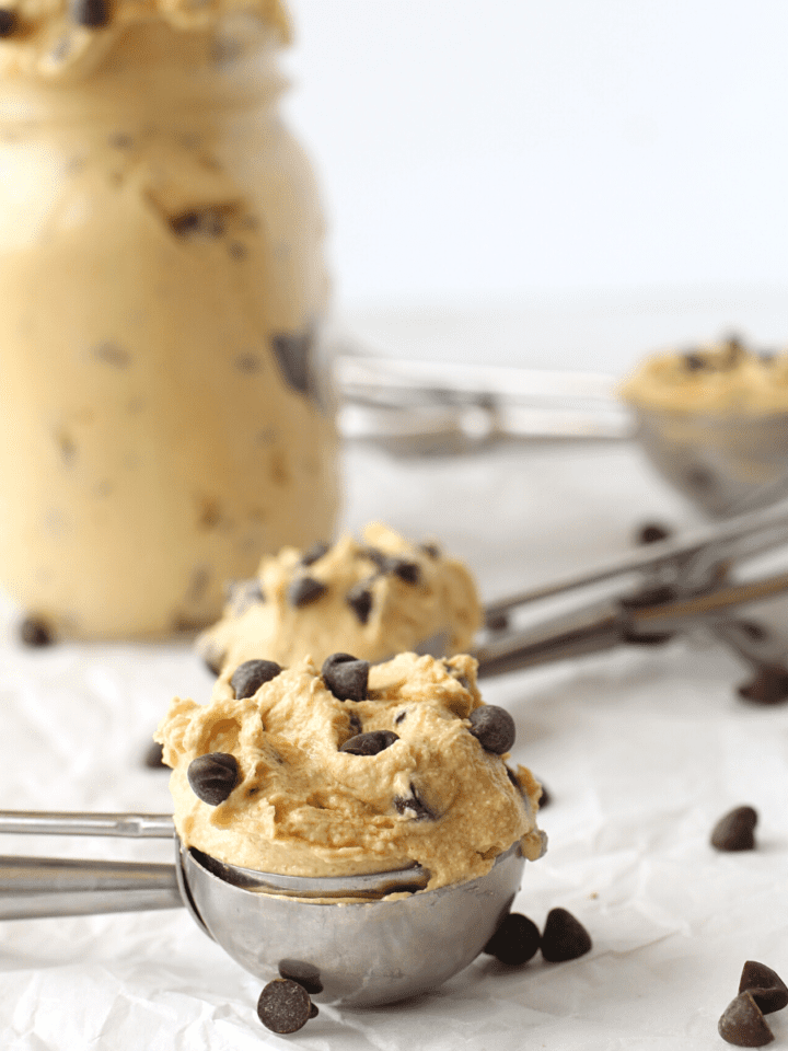 keto cookie dough frosting in a cookie scoop