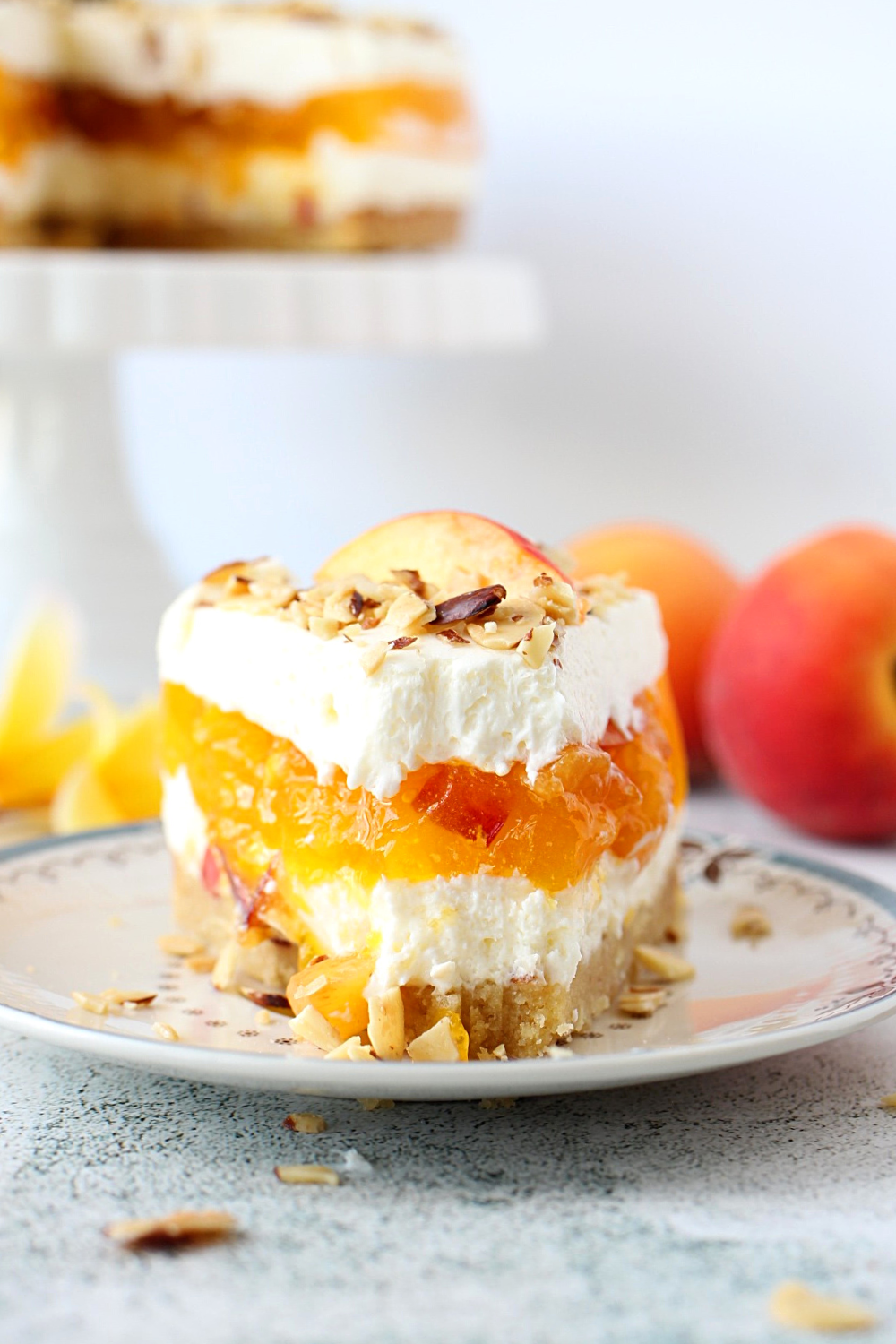 a slice of peaches and cream pie that is a no-bake sugar-free dessert
