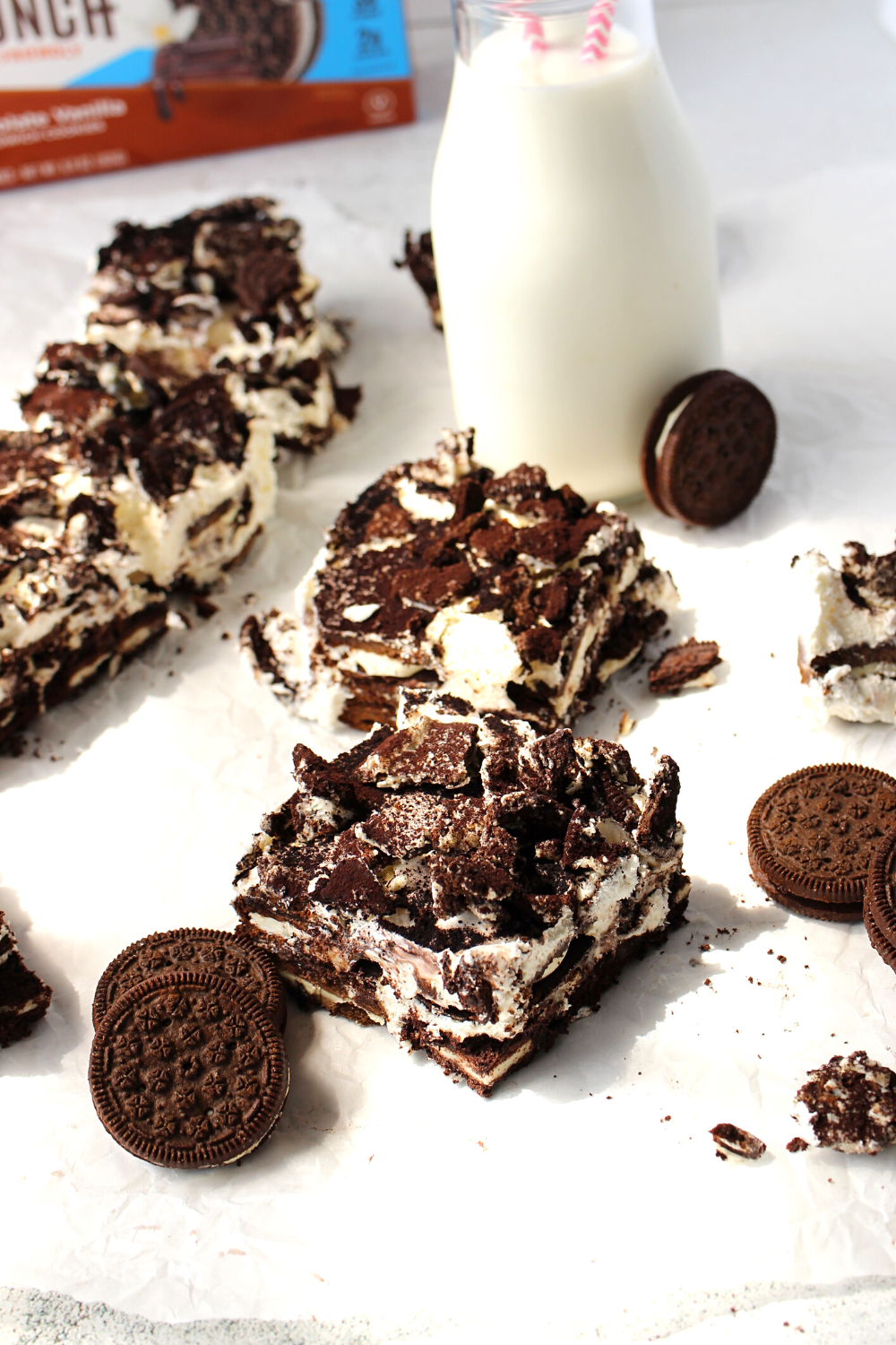 a slice of keto cookies and cream icebox cake