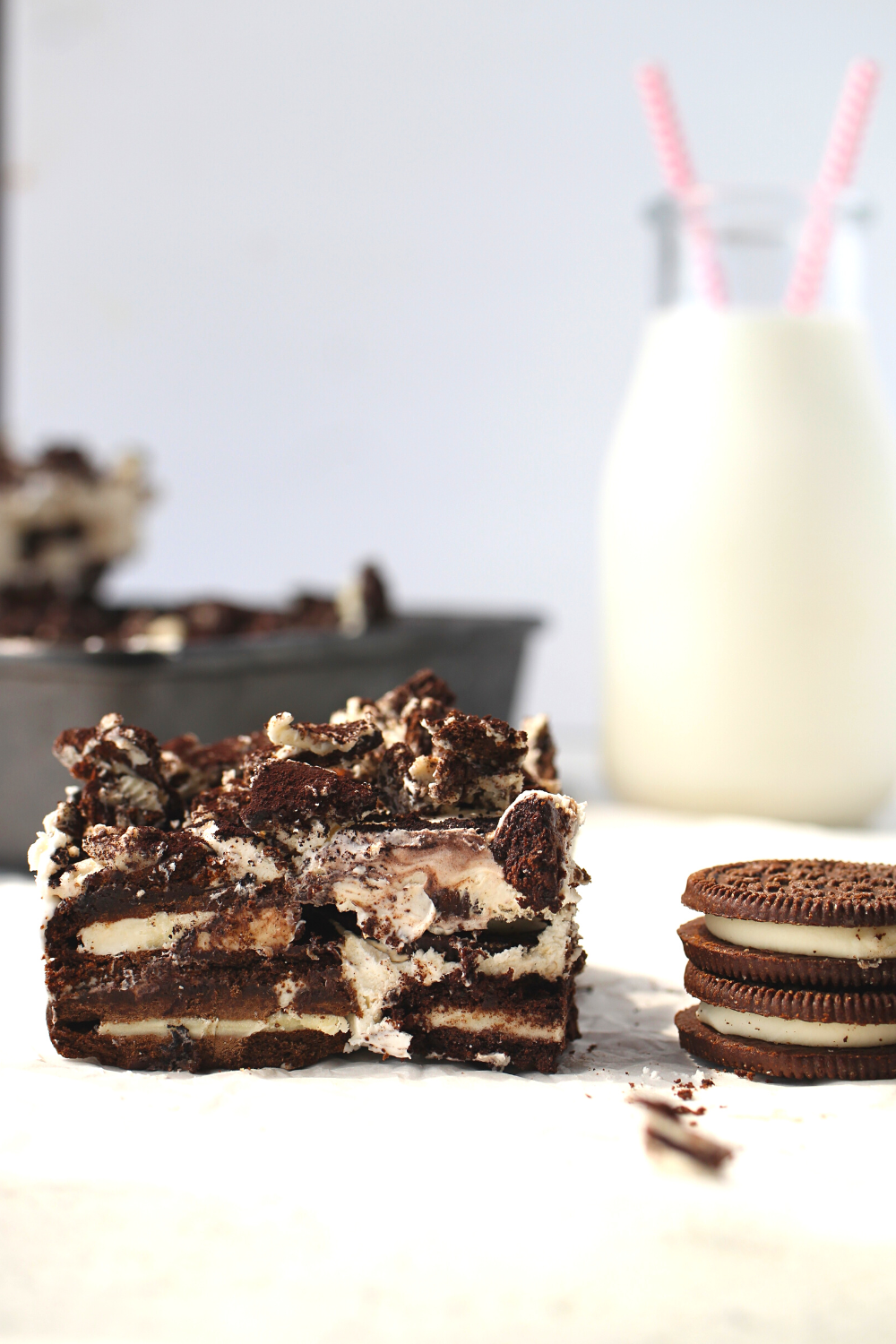 a slice of keto cookies and cream icebox cake