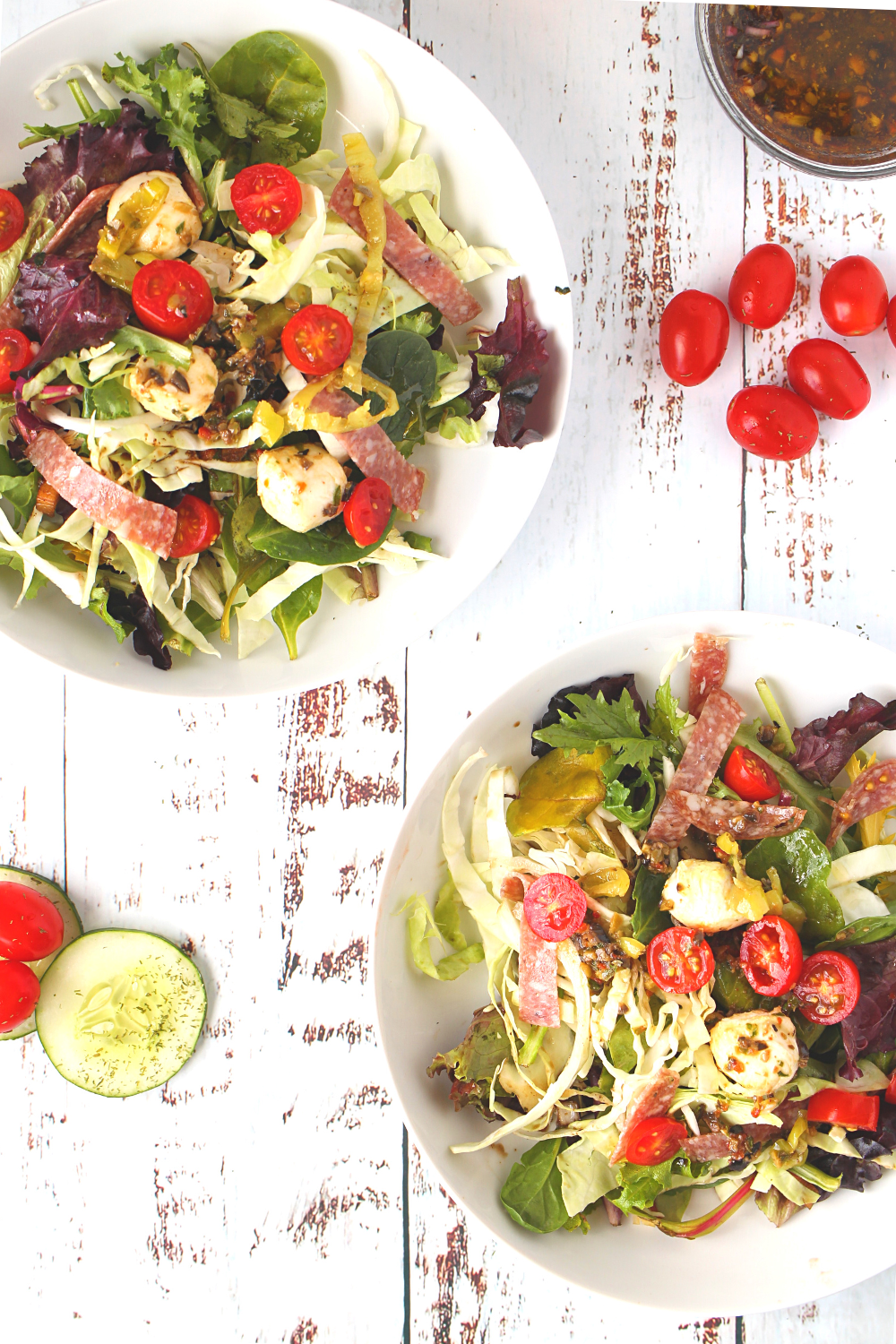 keto antipasto salad with mozzarella, olives and salami