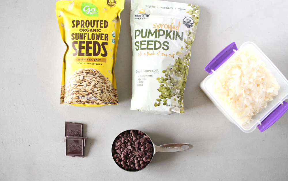 ingredients for copycat recipe include sunflower seeds, sugar-free chocolate, pumpkin seeds, and coconut
